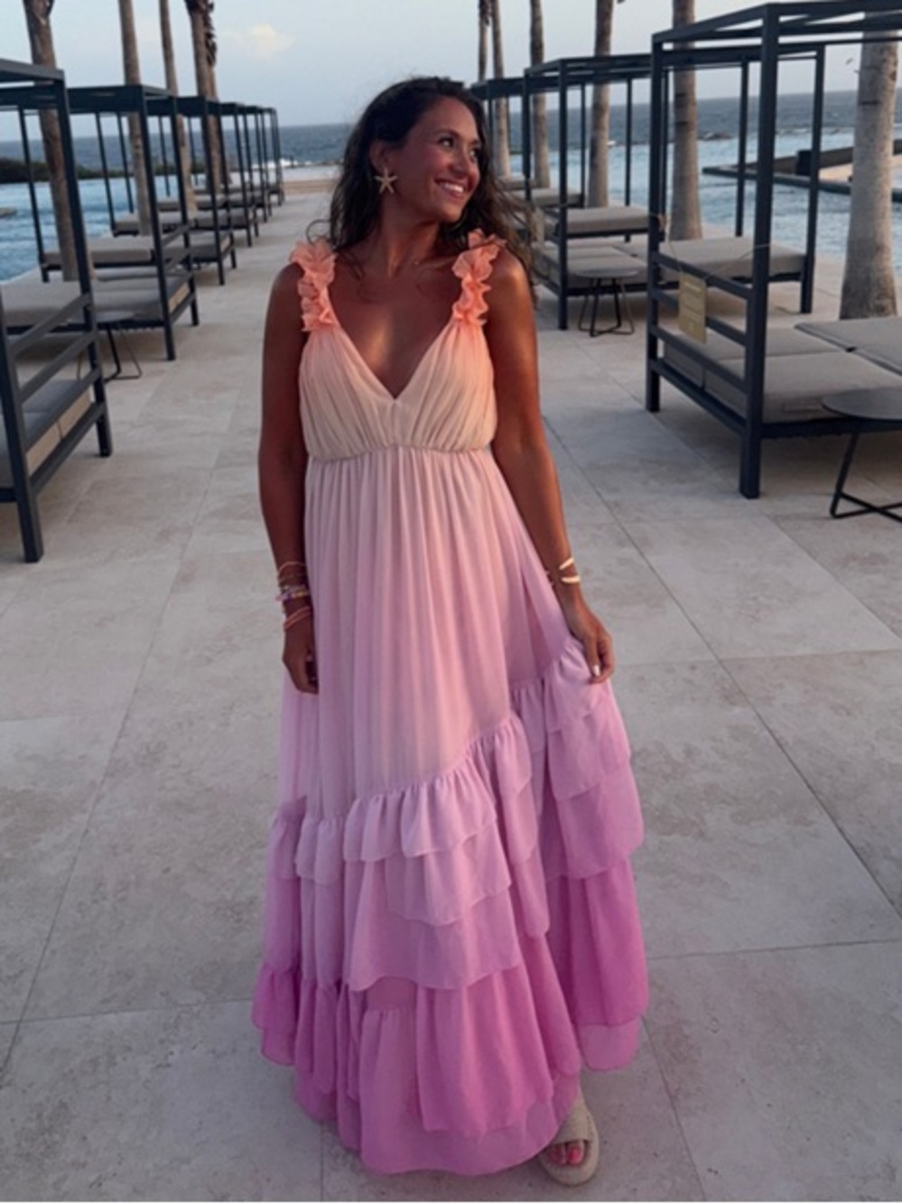 BHLDN Alivia Ombre Sunset Ruffled Strappy Resortwear Sleeveless Maxi Gown S